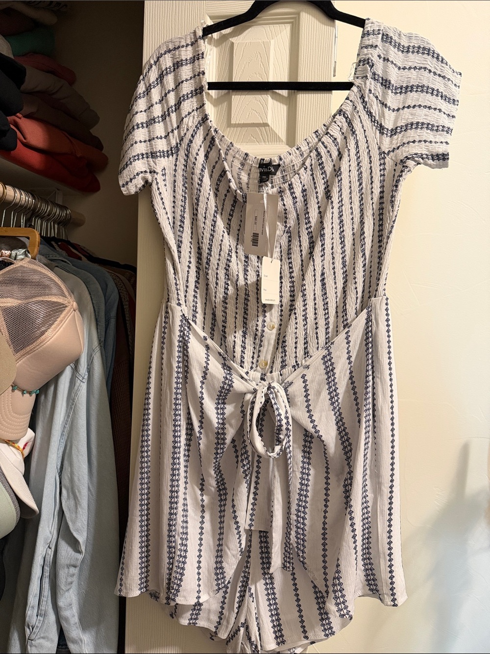 DAVI & DANI White Romper with Navy Stripe